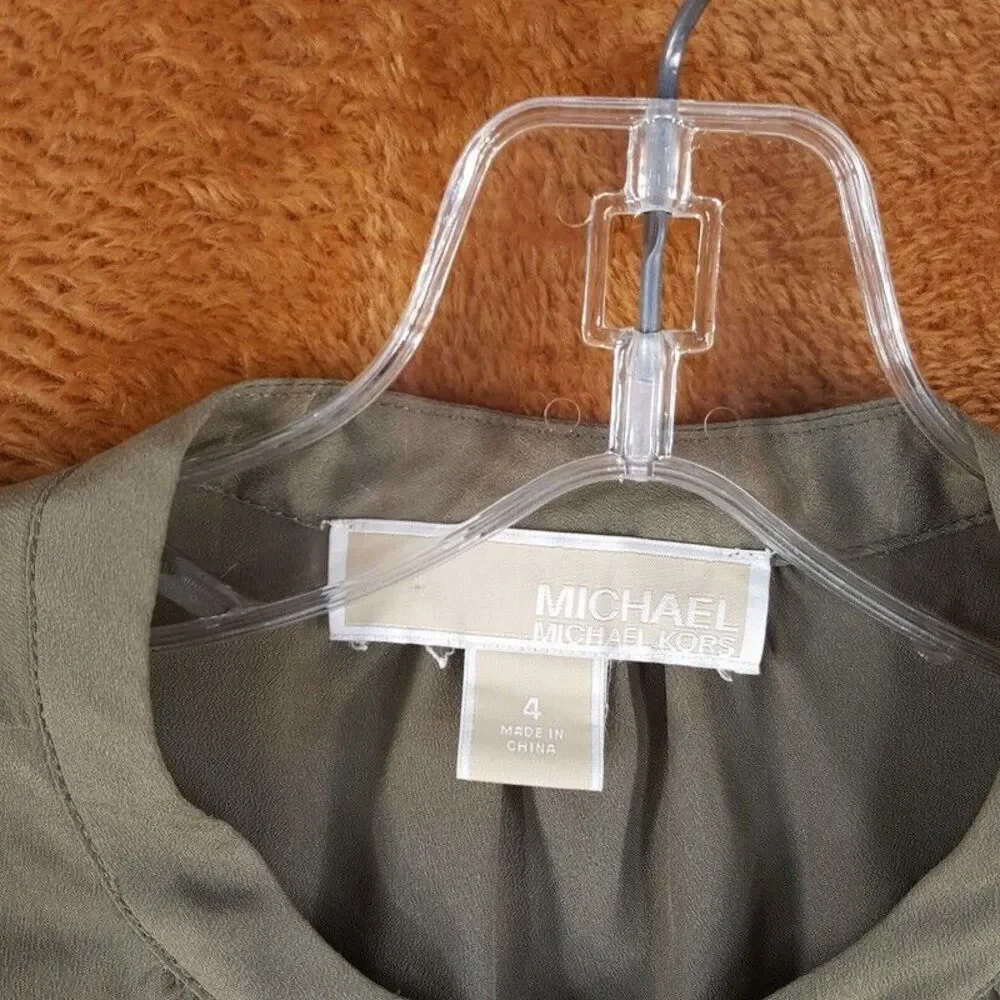MICHAEL KORS Womens Top Size 4 Green Pullover 1/4 Zip Pleated Draped Blouse